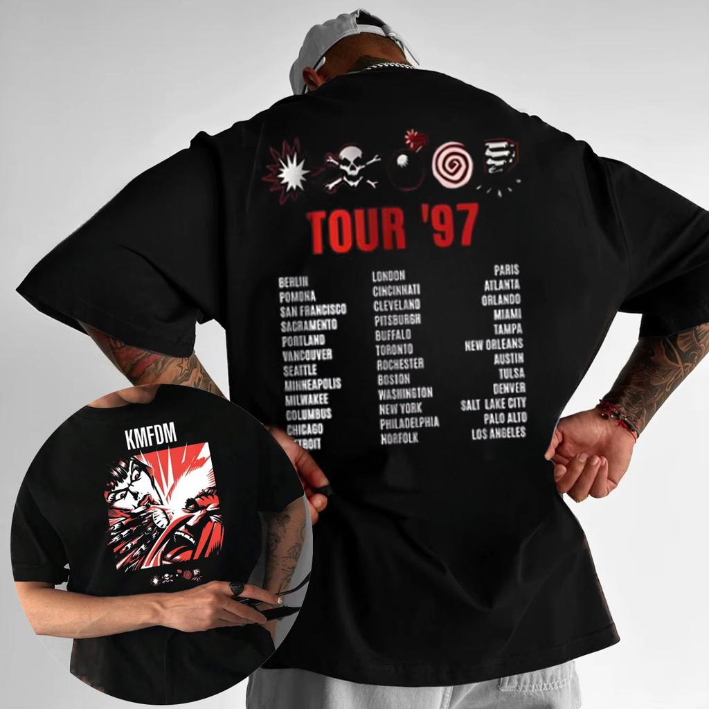 2025 Summer Rock Band Kmfdm Symbol Tour 97 Graphic Print Tshirt Men Retro Gothic Punk Street Casual Loose Cotton Tshirt