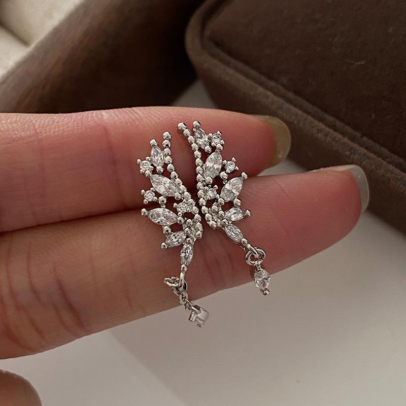 Angel Wing Stud Earrings Asymmetrical Long Fringed Earrings Exquisite High-end Temperament Zircon Earrings