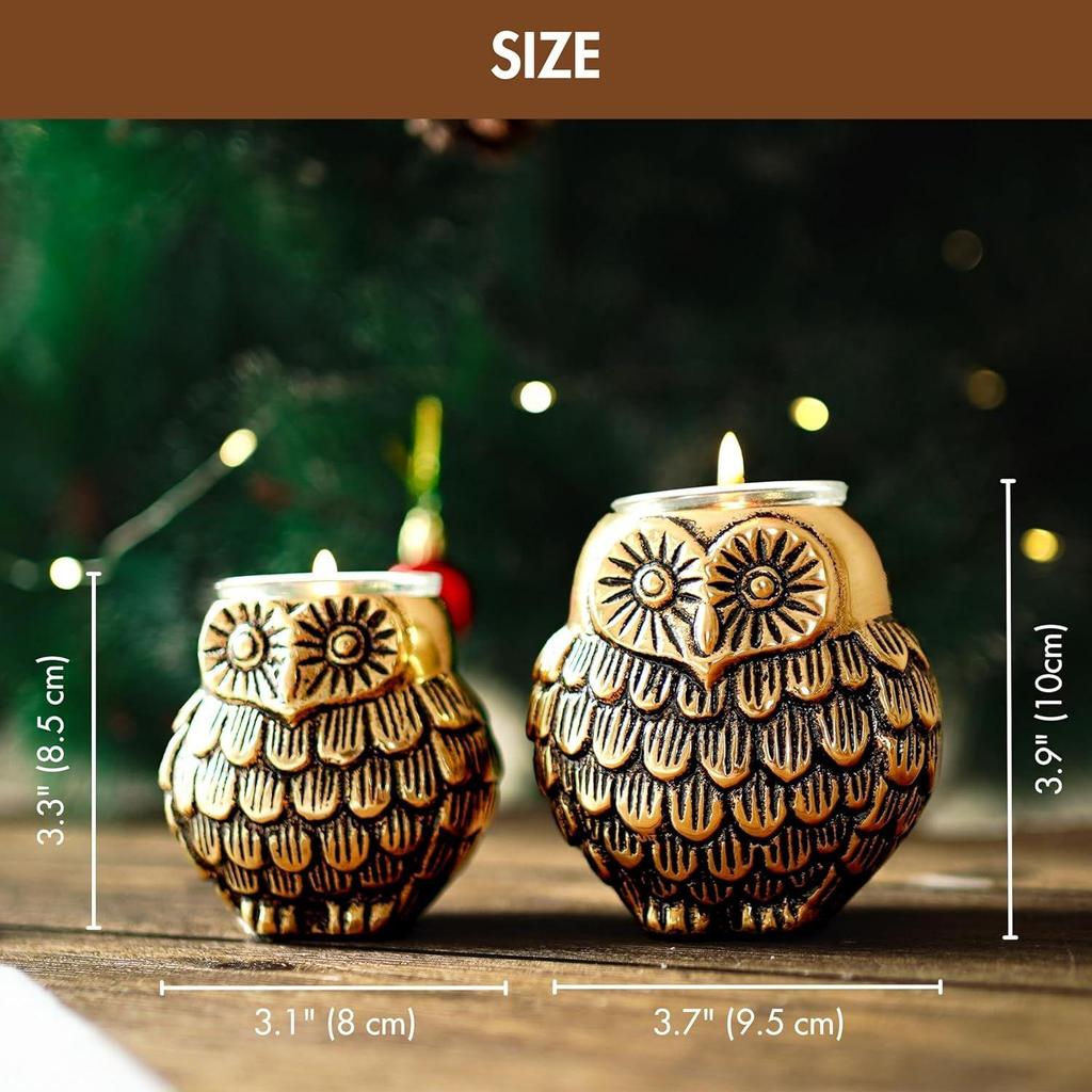New Aluminium Pair of Owls with Votives for Good Luck and Love | Statue for Home Decor Tabletop Living | Candle Holder Gift Showpiece Set of 2