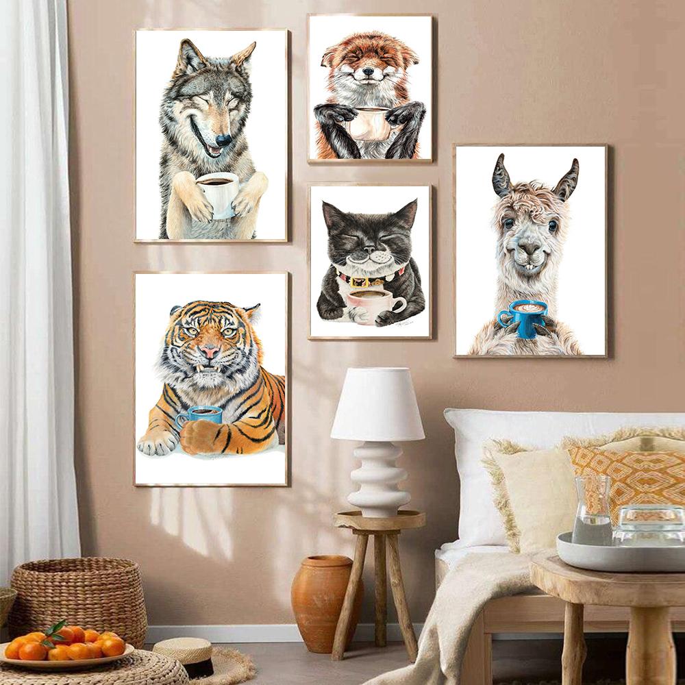 Funny Animals Drinking Coffee In the Morning, Poster Printing, Lama, Latte, Grizzly, Tiger Fox, Canvas, Painting, Decor for Kitchen,