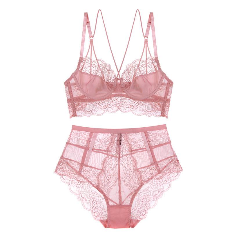 French Underwear Ultra-thin Lace Sexy Push Up Bra Set and Waist-High Panties Beauty Back Pack for Women Lingerie Plus Size D Cup