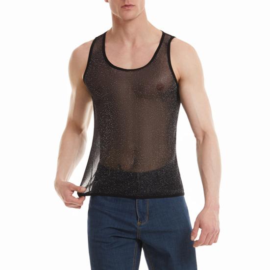 Men's Mesh Tank Top Sleeveless Glittery Transparent Vest Casual See Through Muscle Tee Shirt for Daily Wear Gym Fitness