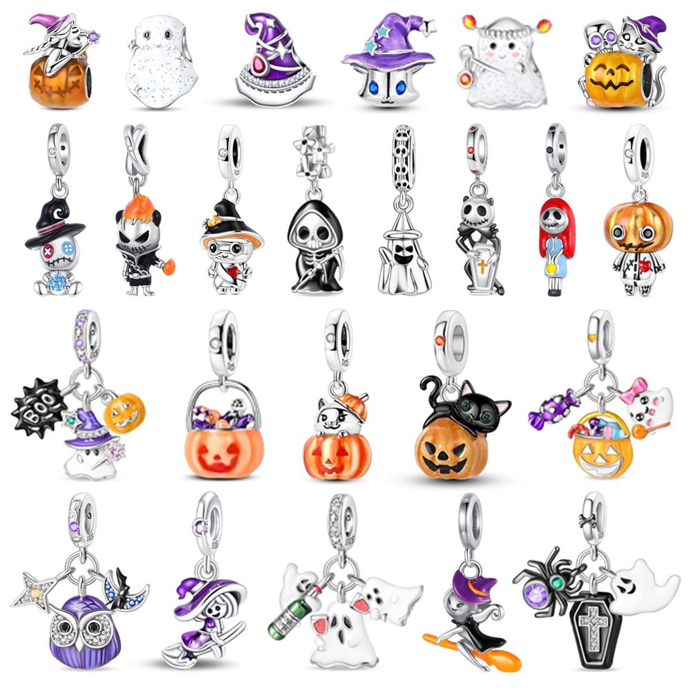 925 Silver Pumpkin Head Beads & Flying Witch Dangle Charm Fits Bracelet Halloween Pendant Accessories Gifts