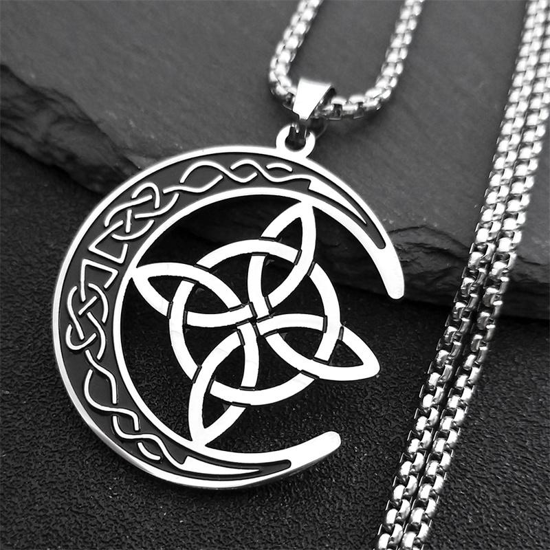Collane Celtiche Irlandesi Nodo a Falce Acciaio Inossidabile Amuleto Luna Strega Collana a Catena di Protezione Zircone collier luna N8145S1