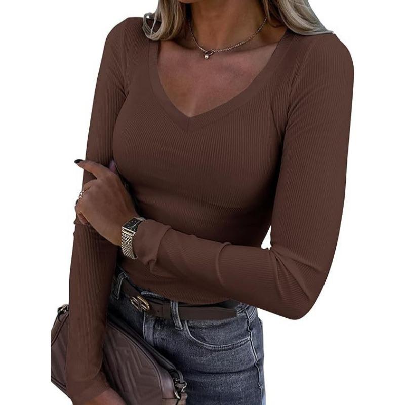 YYFS Women's Fashion Casual Spring Fall Solid Color Print Long Sleeve V-Neck Blouses & Shirts