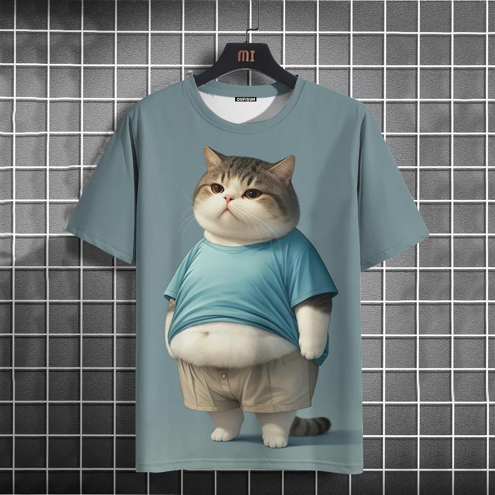 Tricou amuzant pentru bărbați Tricouri imprimate cu pisici grase cu animale Ocazional, lejer, cu mâneci scurte, îmbrăcăminte supradimensionată pentru bărbați Topuri, îmbrăcăminte stradală de vară