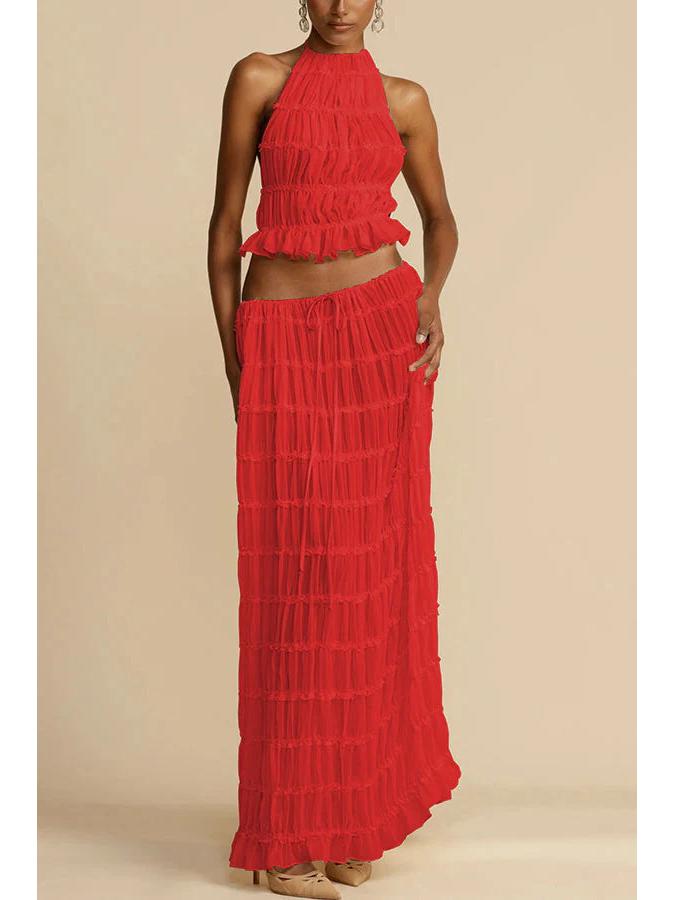 2024 Spring/Summer European & American Fashion Backless Halter Lace Ruffle Maxi Dress Set