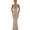 Women's Sheer Mesh Maxi Dress Sparkly Sequins See Through Halter Long Dress Deep V Neck Backless Bodycon Dress Sexy Party Outfits