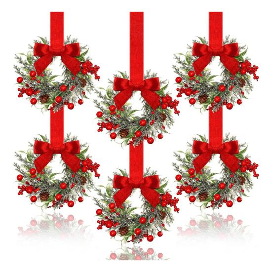 Mini Christmas Wreath with Red Velvet Bow Cabinet Door Decor for Kitchen Window Farmhouse Front Door Wall Fireplace Berry Garland