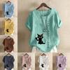 Women's Fashion Black Cat Prined Short Sleeve T-shirt Loose Cotton Shirt Casual Loose Summer Blouse Plus Size Tops