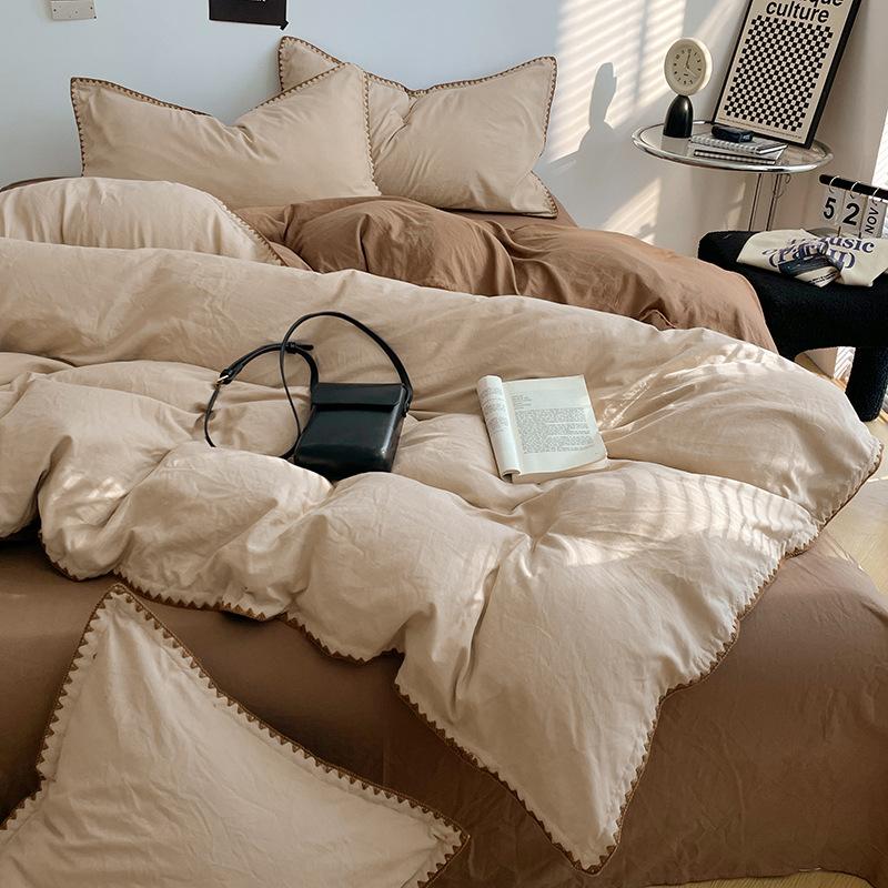 Solid Color Soft Duvet Cover Set Skin Friendly Washable Cotton Queen Bedding Set with Comforter Cover Bed Sheet and Pillowcases