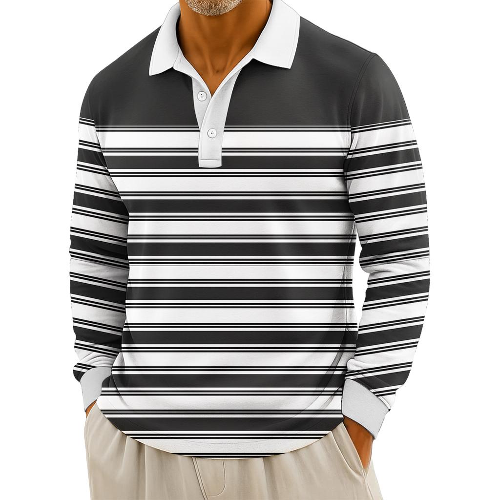 Men's Casual Striped Print Button-Up Long-Sleeve Tops