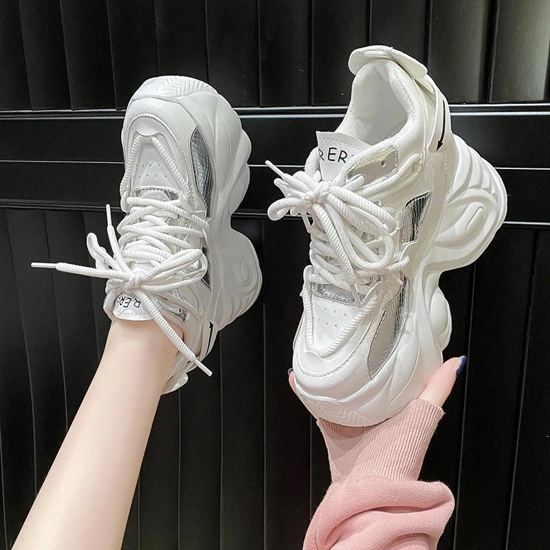Fashion 9.5CM High Heels Autumn New Chunky Sneakers for Women Platform Sports Breathable Mesh Shoes Woman Lace-up Thick Bottom Dad Shoes