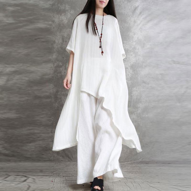 Women Retro Fashion Outfits Irregular Long Blouse and Trousers Summer Two Piece Suit Set