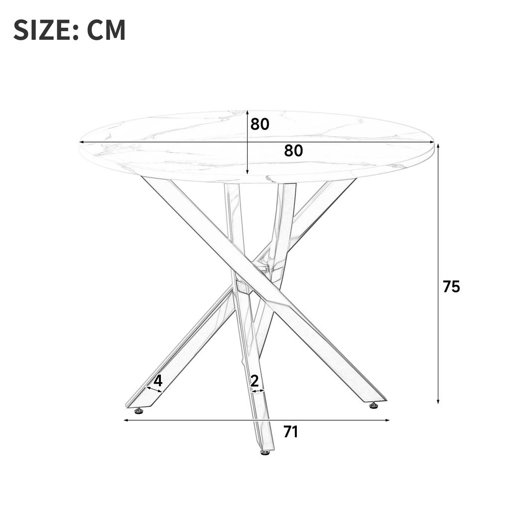 Round Dining Table, 80 X 80 X 75 Cm, Tabletop In Marble Look, Legs In Galvanized Silver, Modern Minimalist Style, White + Silver