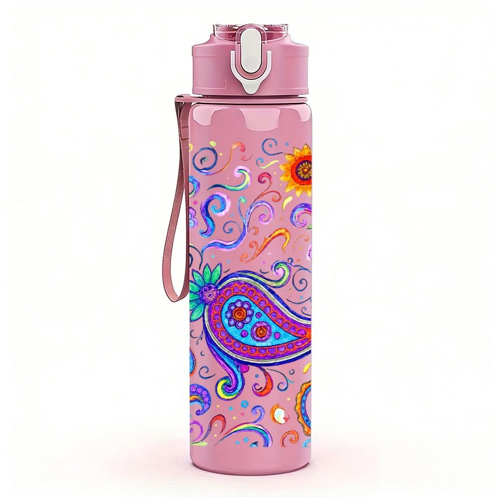 1PC Paisley Boho Mandala 750ml Color Plastic Sports Water Bottle Leakproof Flip Straw Lid Suitable for Sports Office Home Use