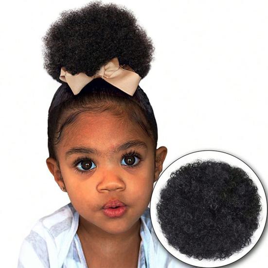 1 Pair Kids Afro Puff Ponytail Extension with Hair Tie Natural Looking Children Wrap Around Synthetic Messy Curly Hair Bun