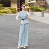 Lace Splicing Denim Vest + Shirt Wide-leg Pants Three-piece Women's Spring New Fashion Suit