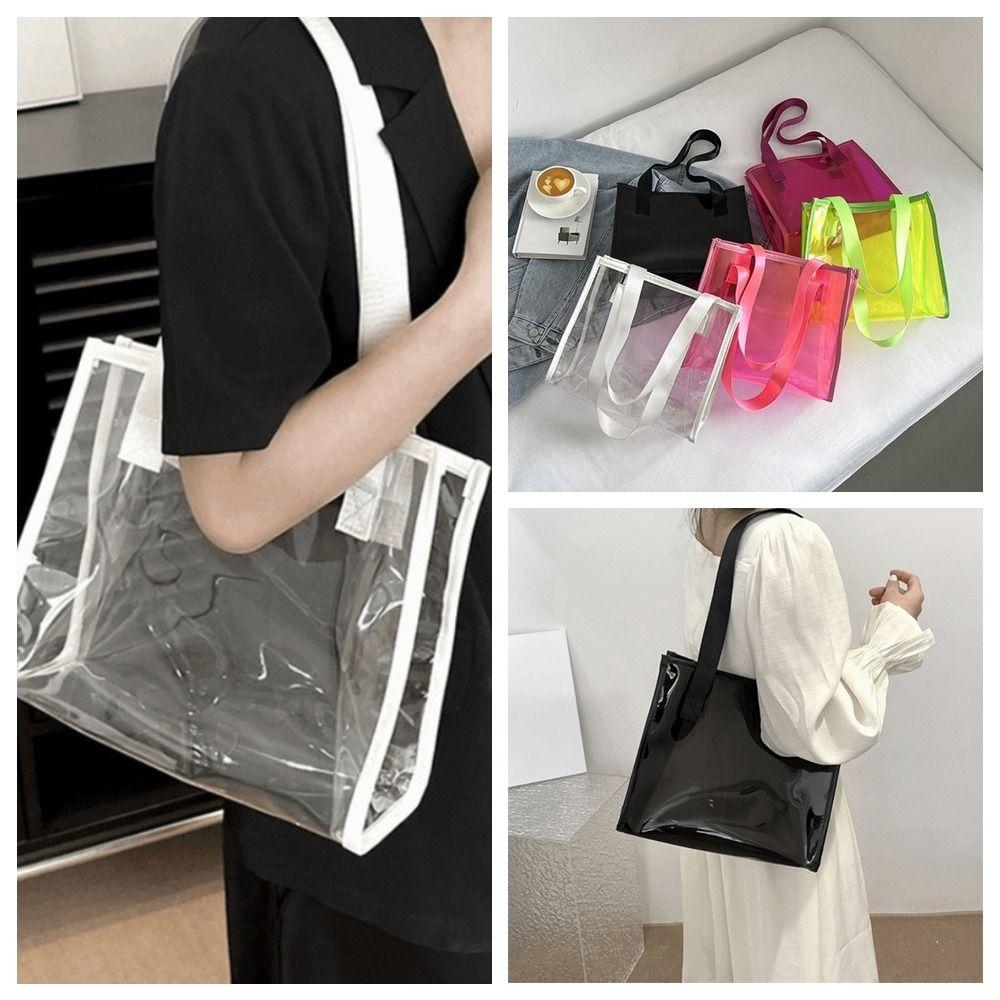 Square Transparent Handbag Large Capacity Jelly Color Waterproof Shoulder Bag Messenger Bag Korean Style PVC Tote Bag Summer