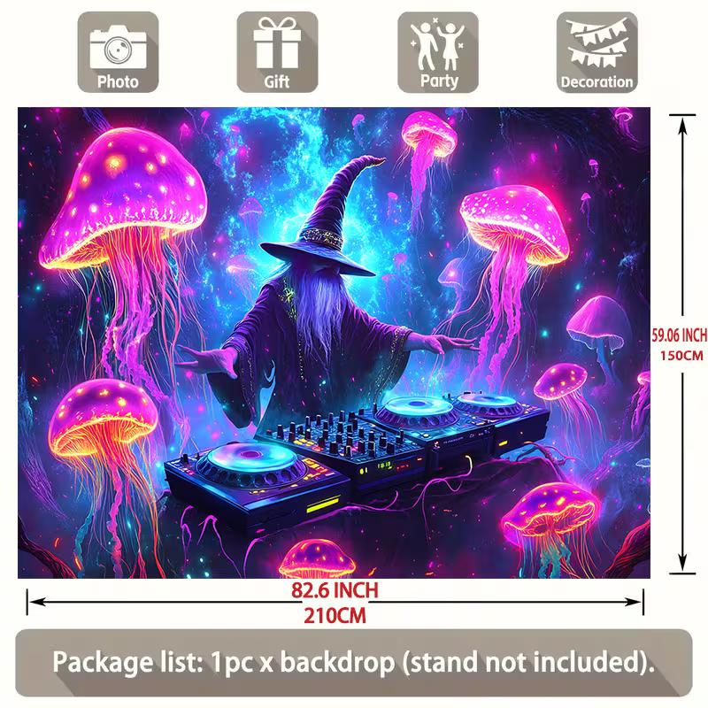Neon DJ Wizard & Jellyfish Tapestry, Psychedelic Space Wall Art for Bedroom & Music Events