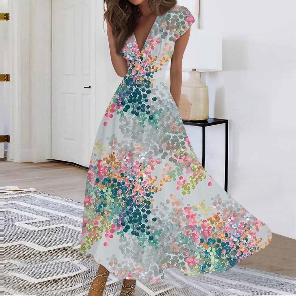 Women Summer Floral Print V Neck Short Sleeve Maxi Dress Casual Loose Fit Long Dress with Flowy Skirt for Outdoor Events