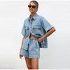 Women's Denim Two-piece Set Loose Casual Short Sleeved Shirt+elastic Waisted Shorts