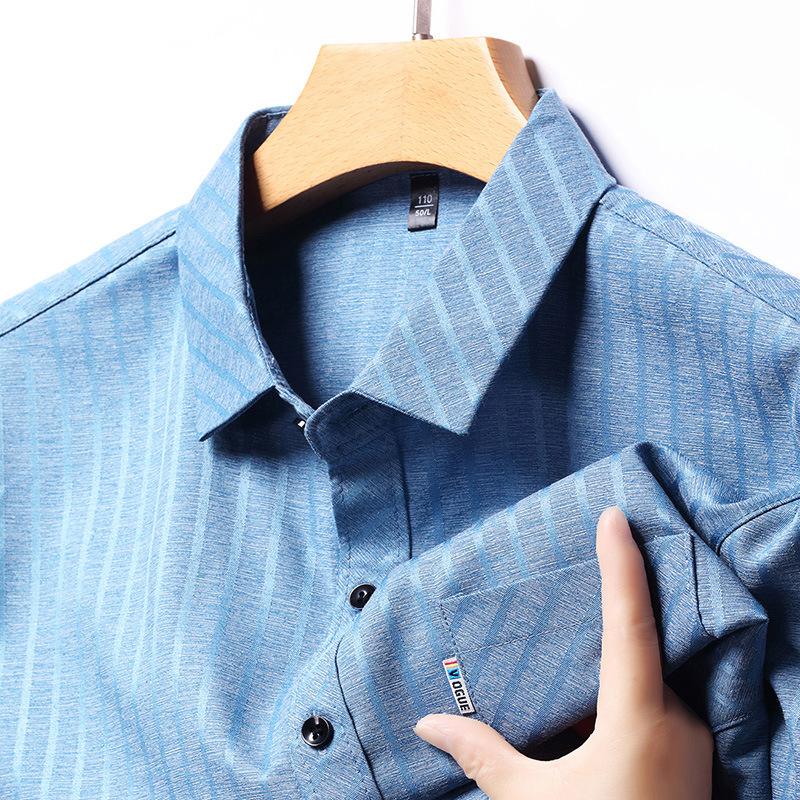 Camicia da Uomo a Maniche Lunghe in Seta di Gelso Liscia Anti-pilling Nuova per Primavera e Autunno Camicia a Righe Senza Stiratura