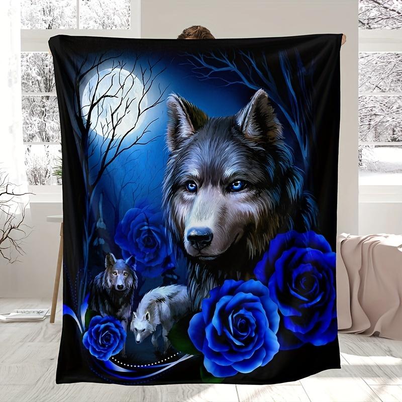Blue Wolf and Rose Floral Flannel Blanket, Cozy All-Season Throw for Sofa, Bed, Office, Travel & Camping