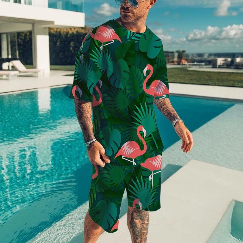 Men's Hawaiian Full Print Suit Casual T-shirt Beach Pants Suit