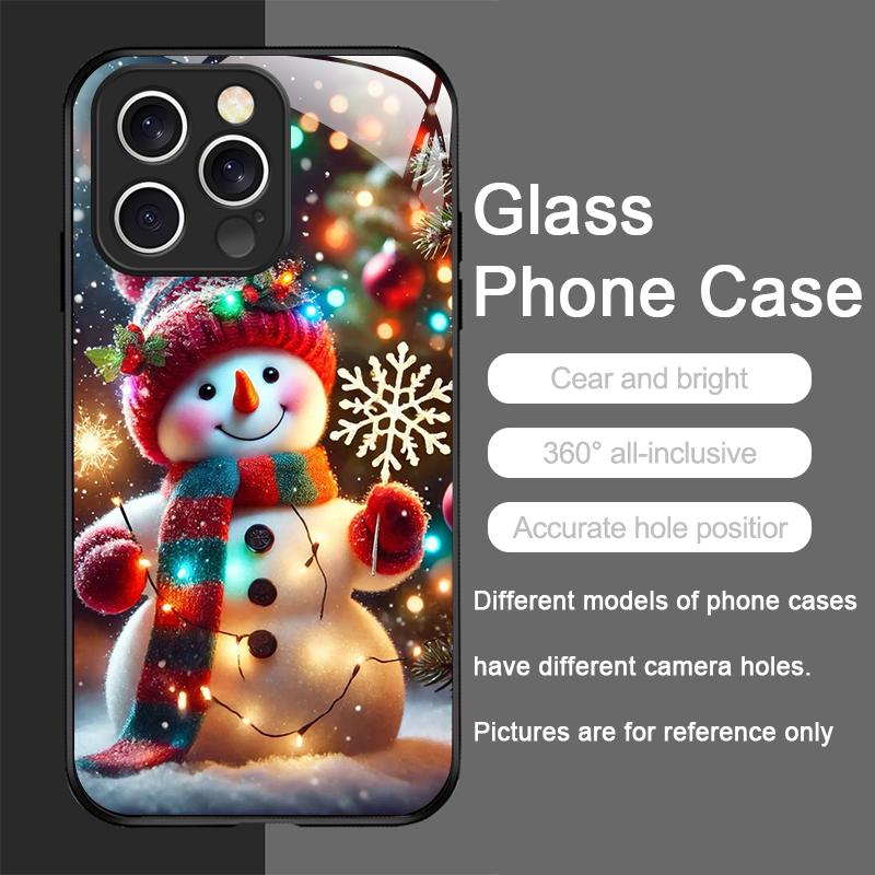 Custodia per Telefono in Vetro Temperato Carina con Pupazzo di Neve Invernale e Albero di Natale per iPhone 17 16 Pro Max 15 14 13 12 Mini 11 X XS XR 7 8 Plus Cover