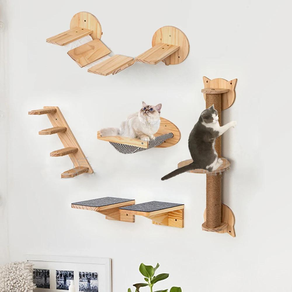 Wall Mounted Cat Climbing Shelves Cat House Cat Bridge Cat Hammock with Scratching Post and Pedals or Stairway for Kittens