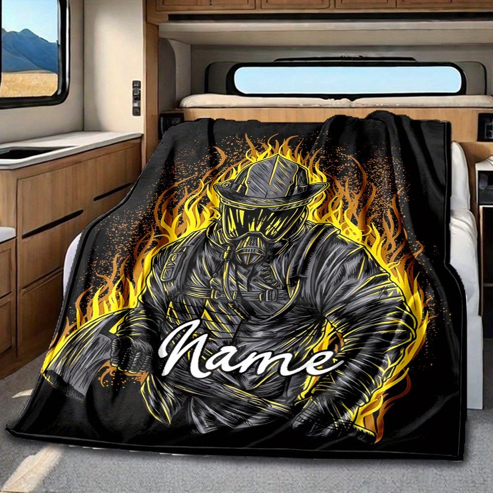 Firefighter Flames Blanket With Customizable Name Four Seasons Comfortable Shawl Blanket Suitable For Home Travel Camping Office Decoration Perfect