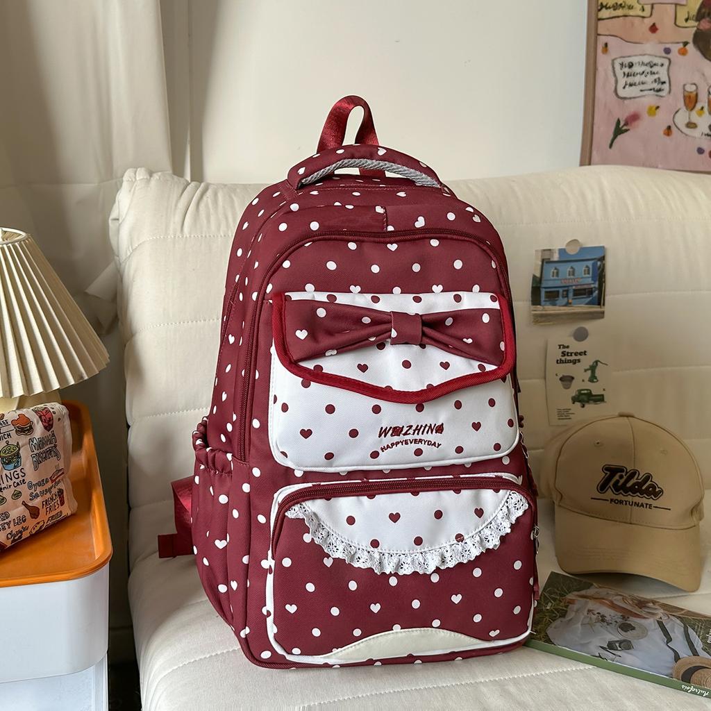 Schulranzen Frühling neu süßer Schulranzen hoher Wert Mittelschule Mädchen Mädchenherz Polka Dot Schleife vielseitiger Rucksack