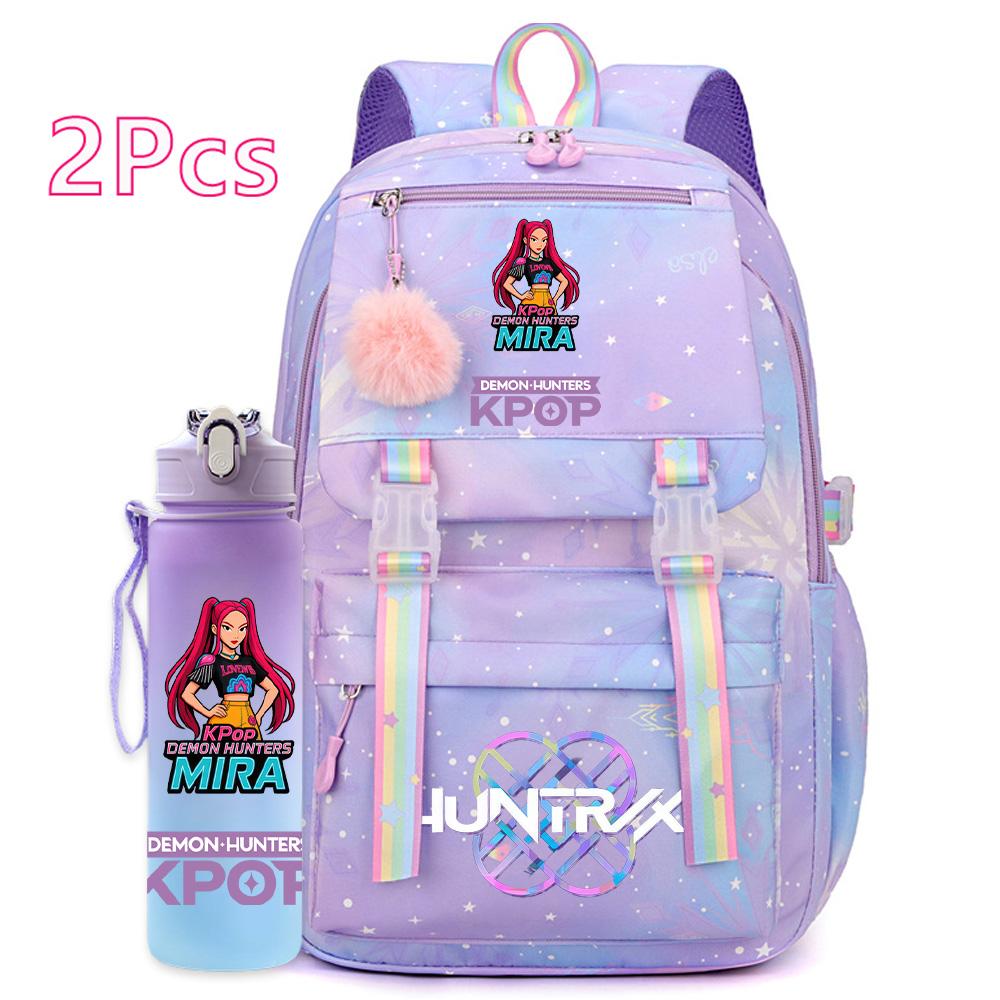 2Pçs/conjunto Mochila Fofa Anime Kpop Estampada Garrafa de Água 750ml Grande Capacidade Bolsa de Viagem para Adolescente Menina Menino Mochila Infantil Presente