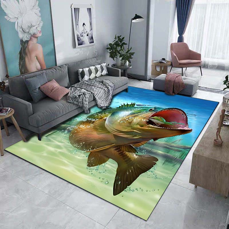 Großer Fisch Angelmuster Teppich für Wohnzimmer Schlafzimmer Nachttisch Badezimmer Bodenmatte Teppich Robustes Sofamatte Heimdeko für Geschenke
