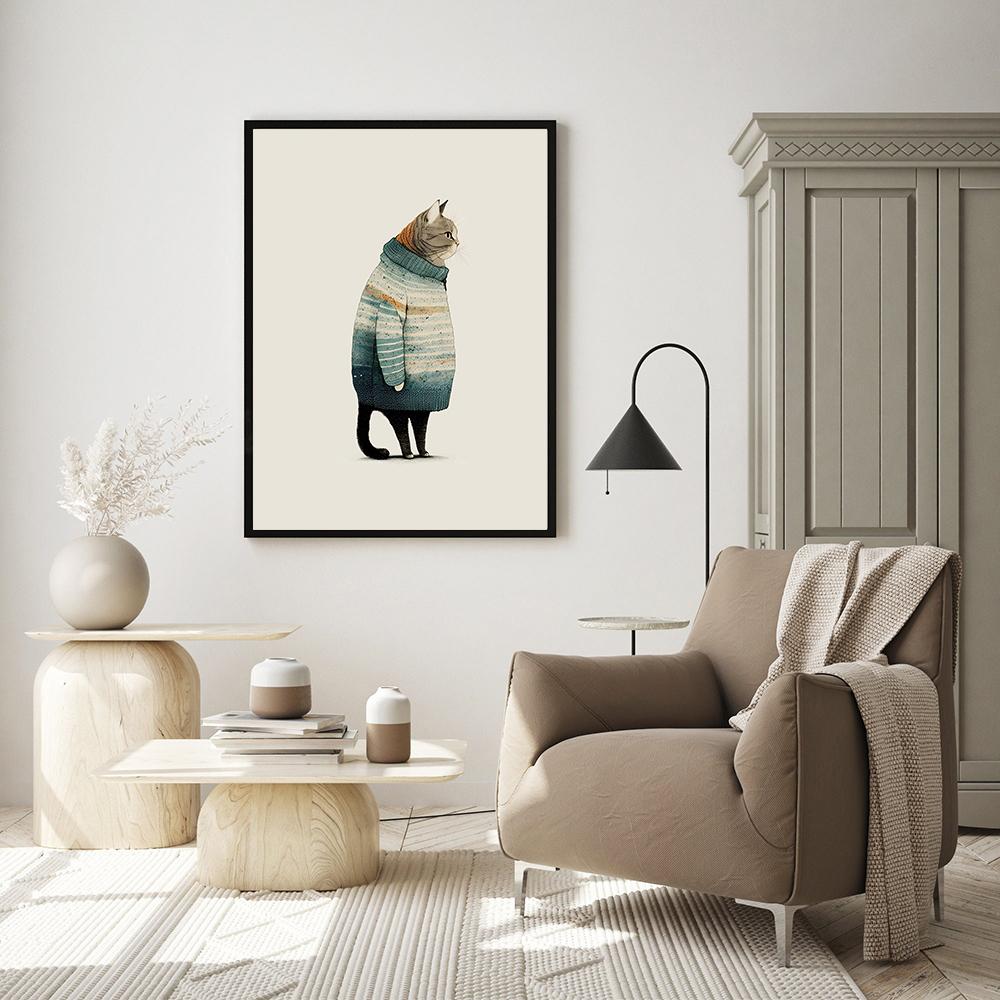Minimalist Fat Gray Cat In Sweater Posters Modern Cute Trendy Funny Cat Wall Art Canvas Painting For Living Room Home Decoration
