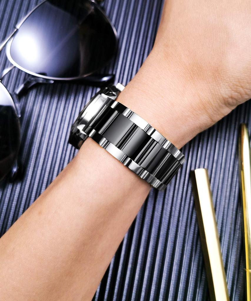 BINLUN Rostfritt Stål Klockarmband Ersättning Högpolerad Matt Borstad Finish Solid Rem Silver och Rem, (Polerad Svart, 22mm)