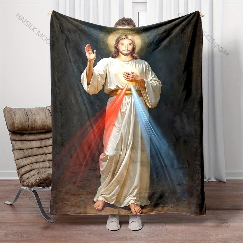 1PC Holy Figure with Red-blue Rays Print Blanket Warm Soft Fluffy Kids Adult Sofa Bed Throw Blanket Outdoor Travel Camping RV