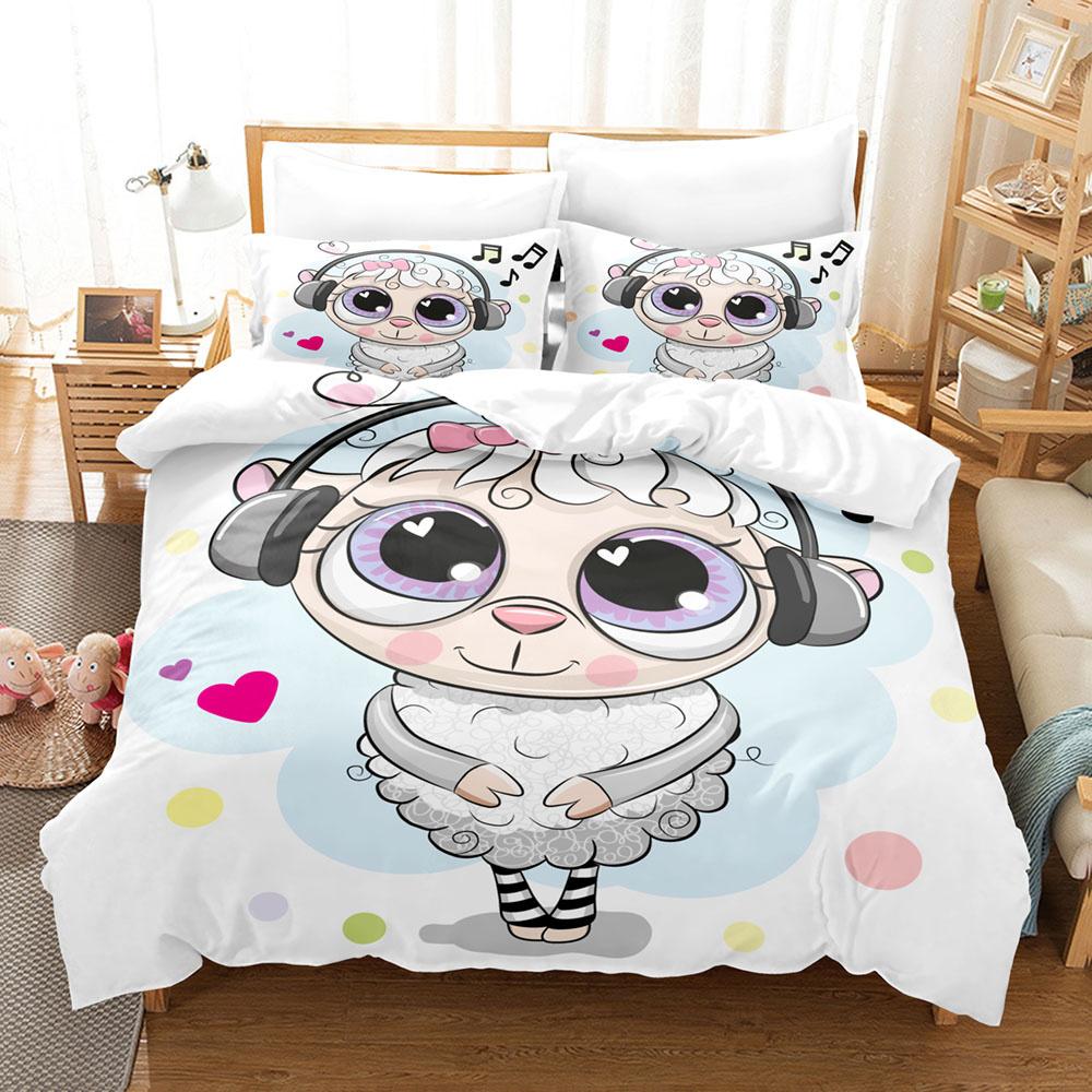 Cartoon Schaap Dekbedovertrek Set Schattig Wit Schaap Bloemen Patroon King Queen Full Size voor Kinderen Jongen Meisje Cadeau Polyester Beddengoed Set