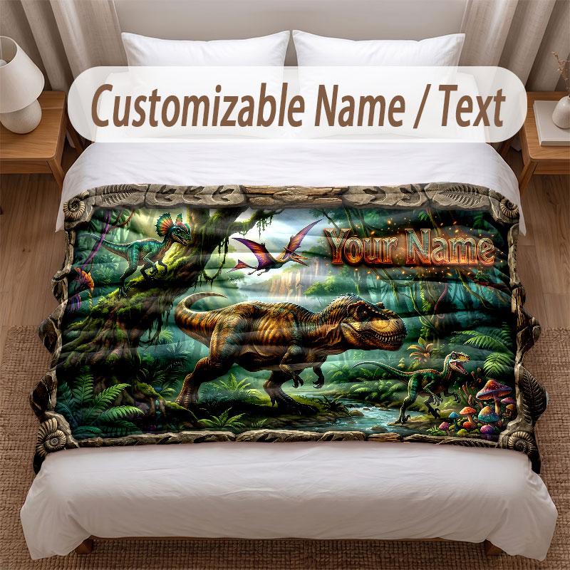 Dinosaur Theme Soft Blanket Personalized Custom Name Text Print Warm Blanket Home Sofa Bedroom Decor