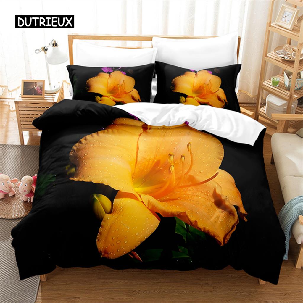 Yellow Flowers  Queen Size Bed Ensemble Comforter Cover Sets Bedding Digital Printing Bed Linen King Size Size Comforter Cover Kit Bed Ensemble