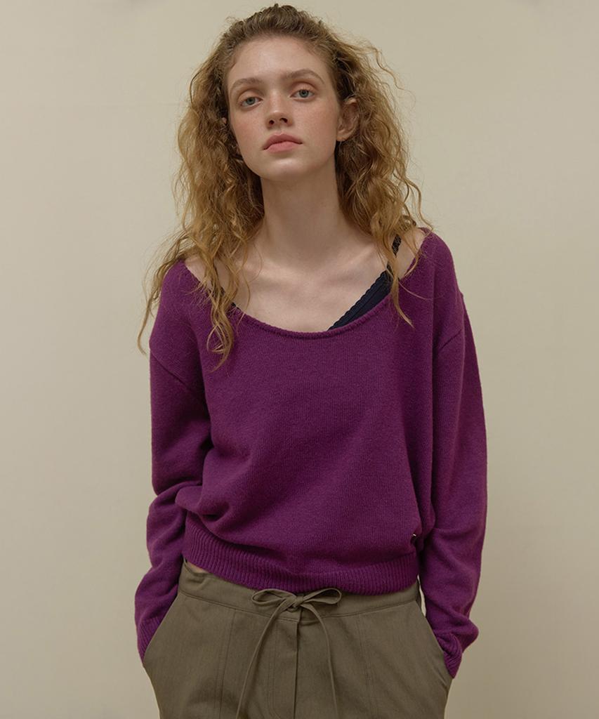 LONQUE Wool Deep U-Neck Knit (Purple)