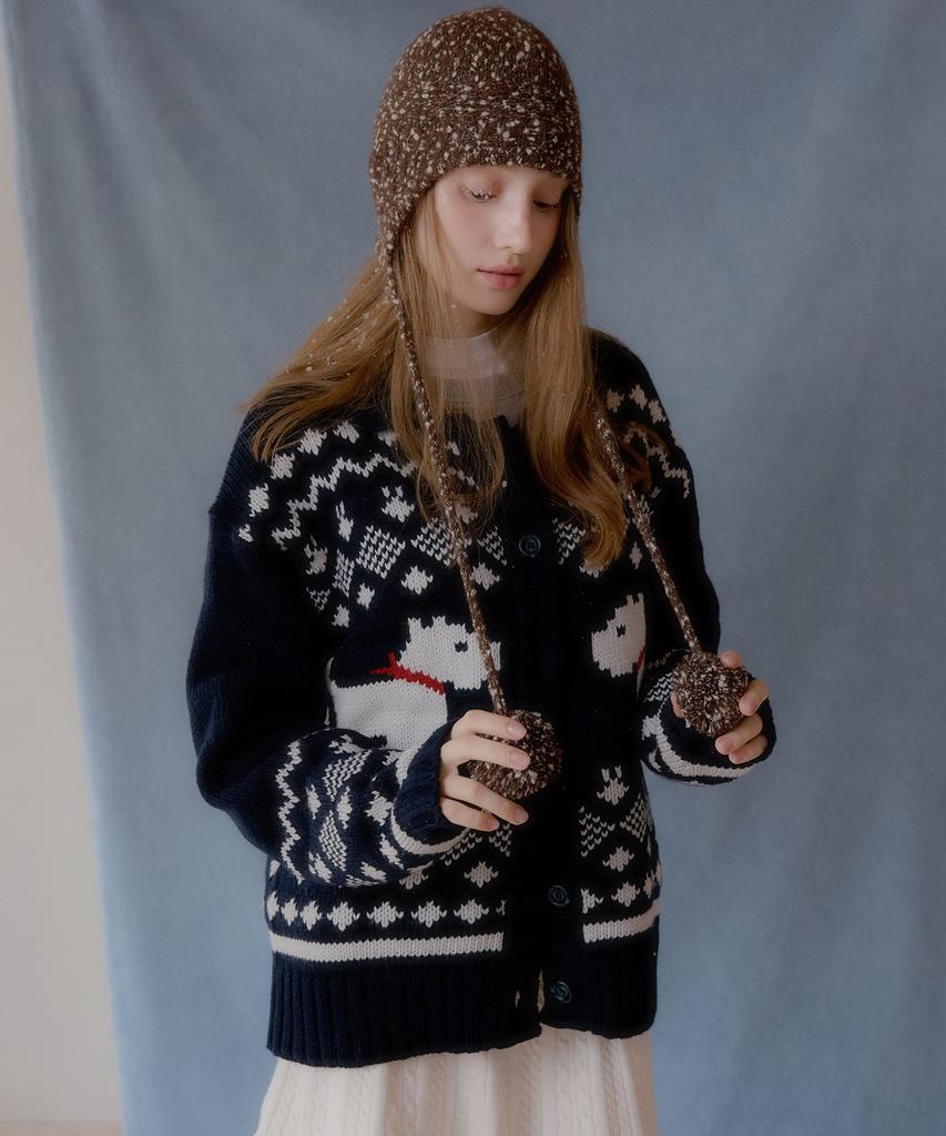 Letter From Moon Scottish Terrier Cowichan Wool Cardigan (Navy)
