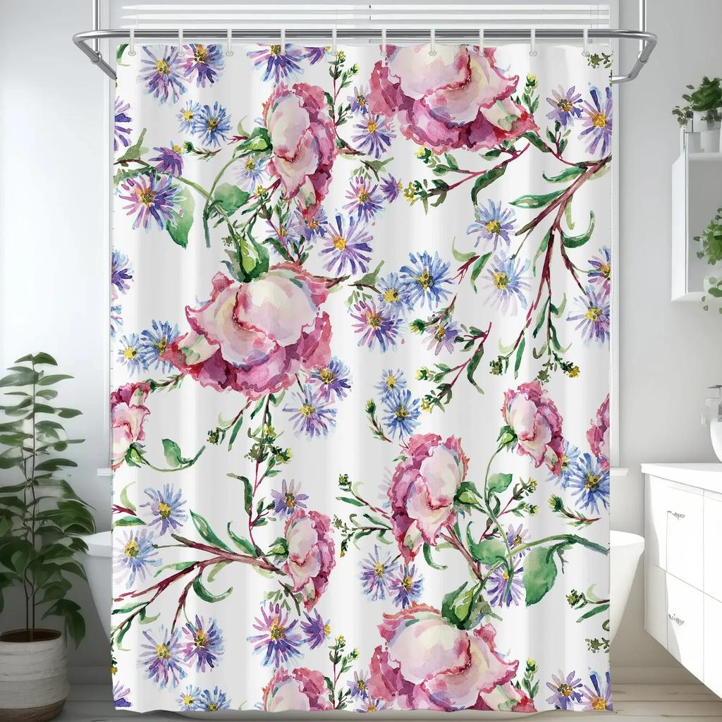 Waterverf Bloemen Douchegordijn, Vintage Pruimenbloesem Tropische Plant Groen Blad Vogel Elegantie, Badkamer Decoratie Set Met Haken