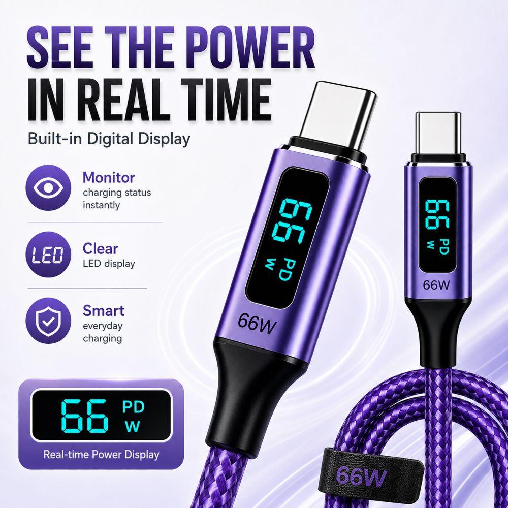Real-Time Display USB-A to USB-C Cable 66W Fast Charging Digital Display Cable Tablet Charging