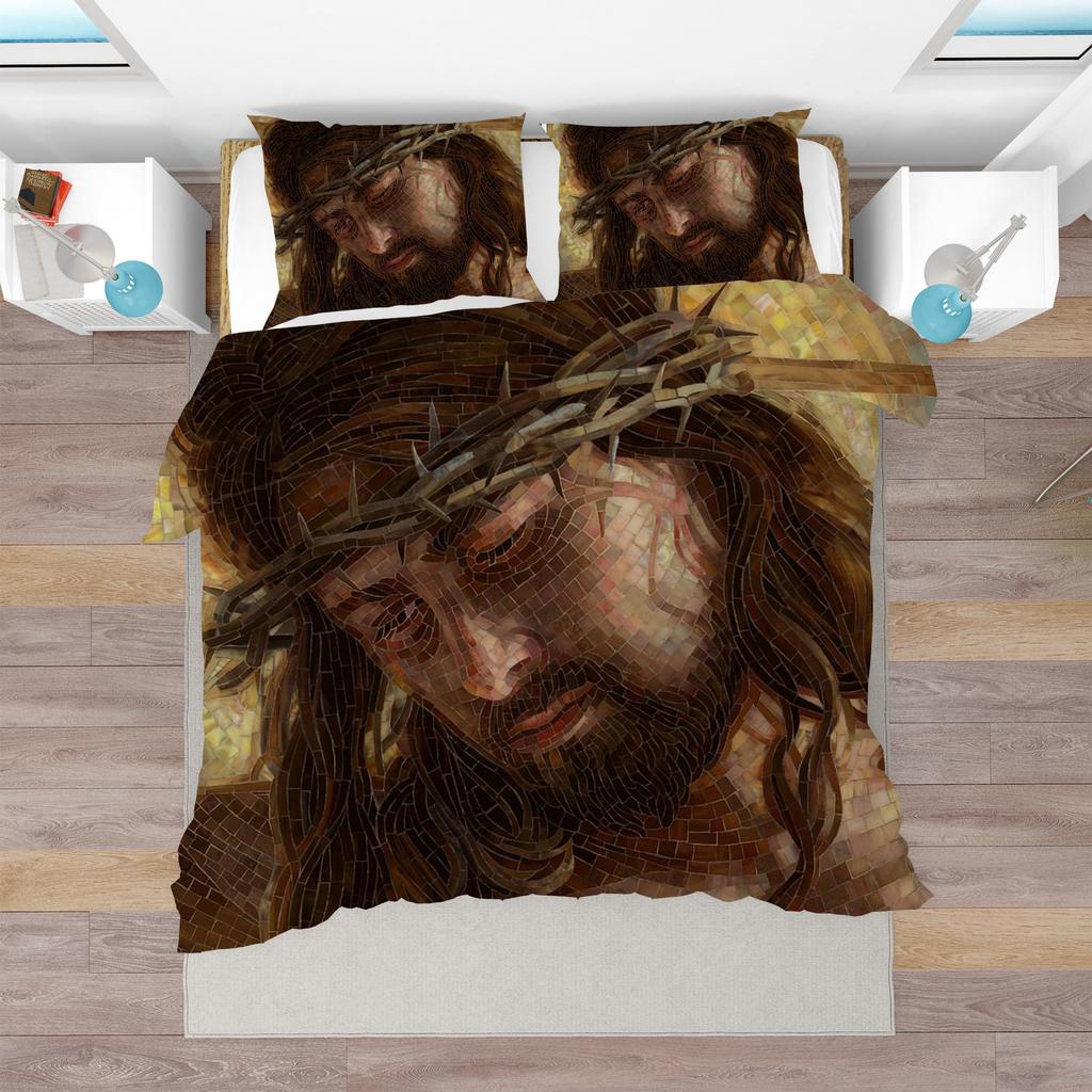 Jesus Christ King Queen Duvet Cover Christianity Bedding Set Western Religion Quilt Cover Blue-green Polyester Comforter Cover