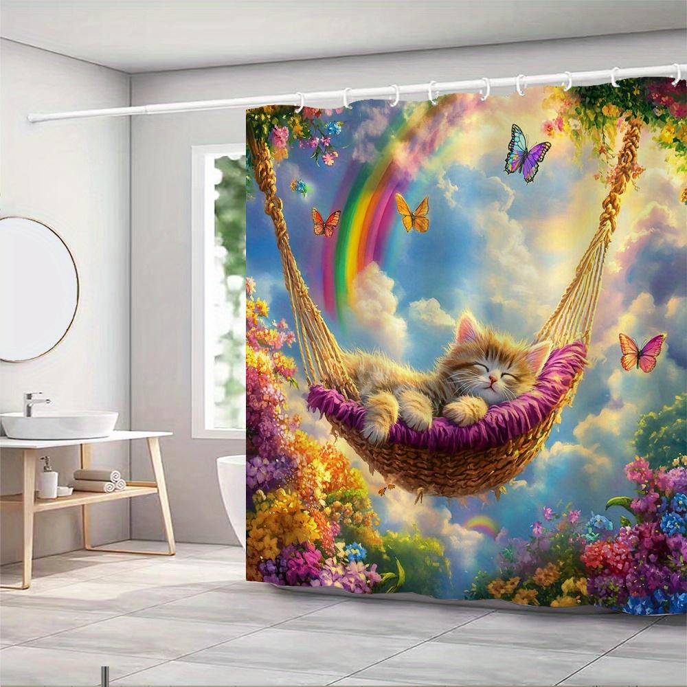 Adorabile Gatto in Amaca Tenda da Doccia Impermeabile Resistente alla Muffa - Design Farfalla Arcobaleno per un Arredo Bagno Magico