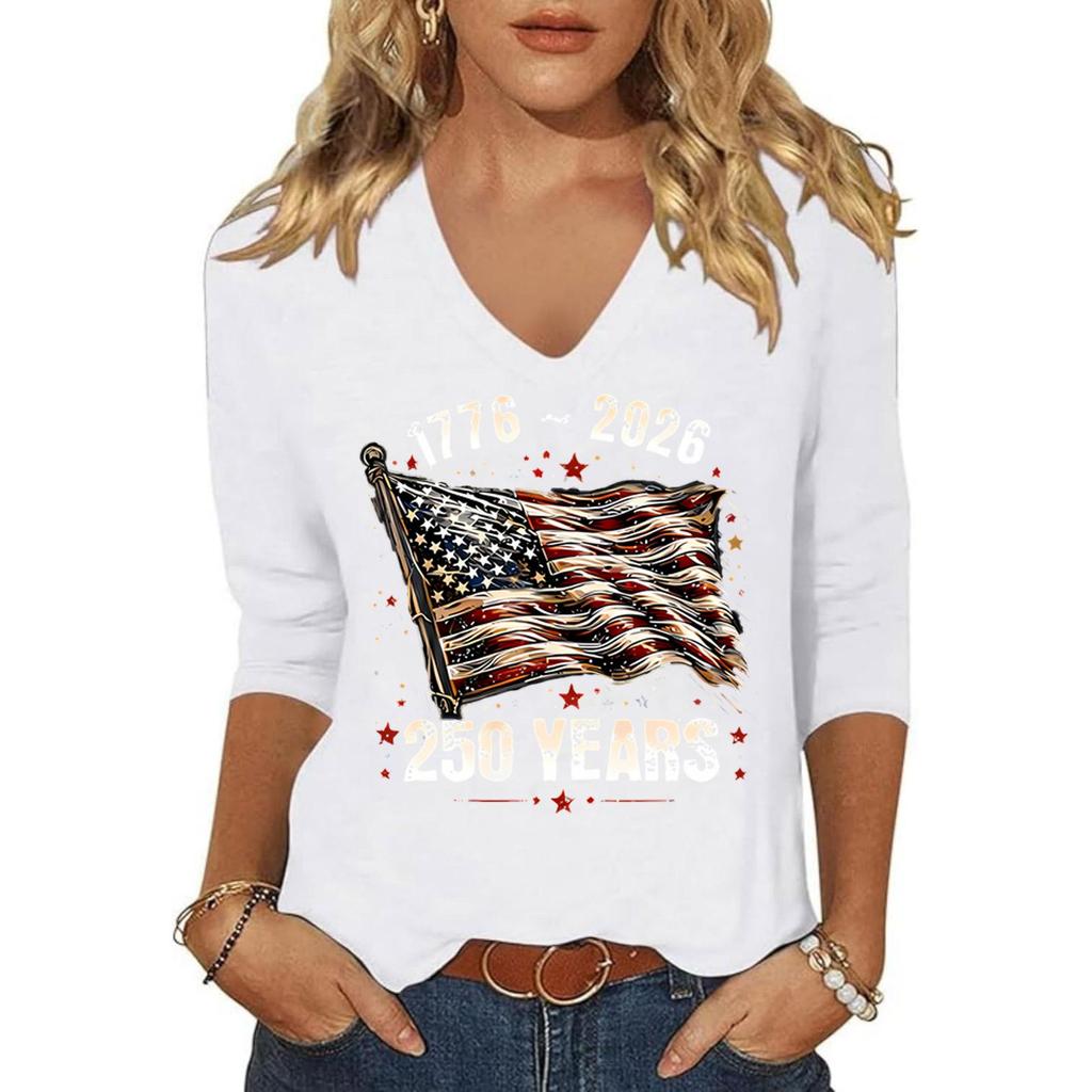 Women’s Casual V Neck 3/4 Sleeve Top with 1776-2026 250 Years Printed Design Relaxed Fit Independence Day Shirt
