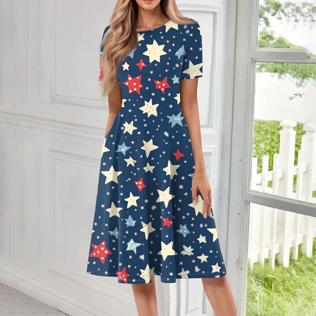 Women's Loose Casual And Fashionable Round Neck Short Sleeved Printed Mid Length Dress