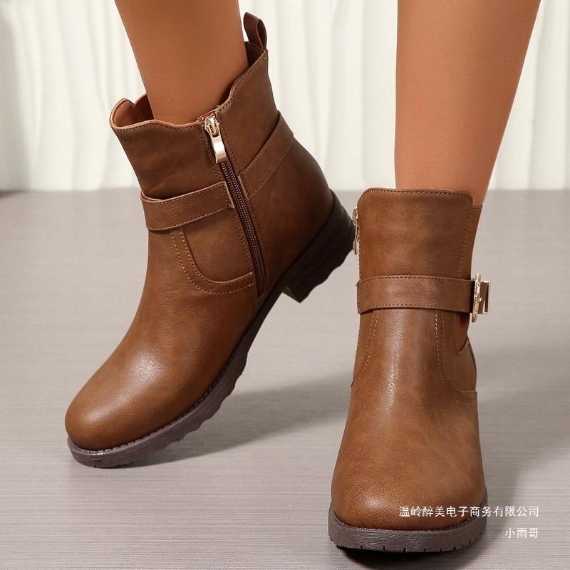 New Large Size Western Chelsea Leather Boots Women's Retro Belt Buckle Thick Heel Fashion Versatile Fashion Boots